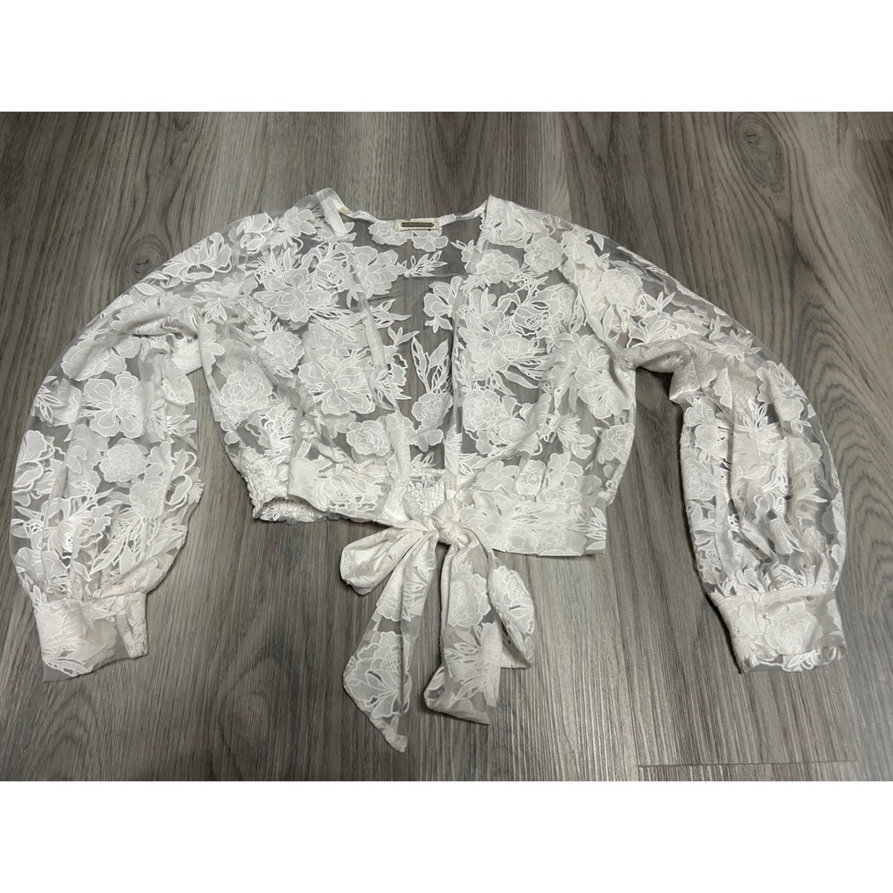 Amber Sky Womens Floral Lace Tie Front Shrug Mesh Crop Top One Size White y2k